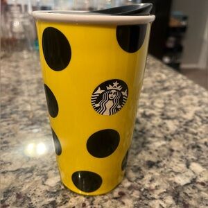 12oz Yellow and Black Polka dot Starbucks porcelain travel mug